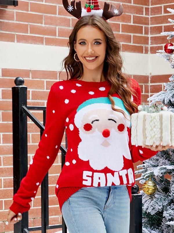 Tops |   Women Pullover Christmas Pattern Round Neck Long Sleeves Sweaters Clothing Tops