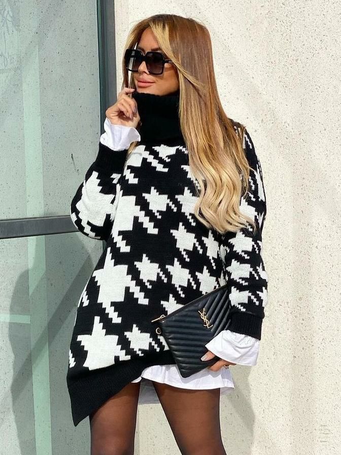 Tops |   Women Pullover Sweater Black Geometric High Collar Long Sleeves Sweaters Clothing Tops