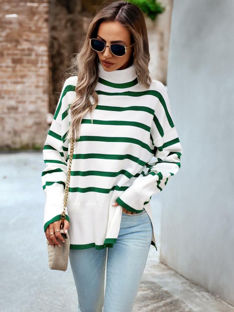 Tops |   Women Pullover Sweater Green Split Front Stripes High Collar Long Sleeves Acrylic Sweaters Clothing Tops