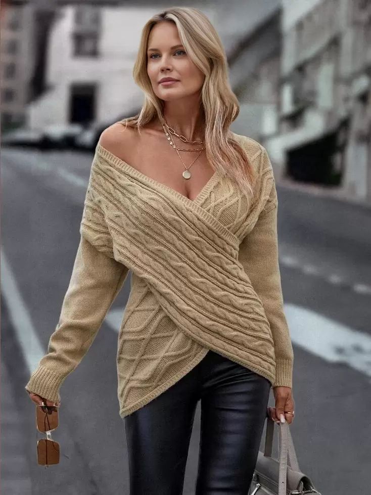 Tops |   Women Pullover Sweater Khaki V-Neck Long Sleeves Sweaters Clothing Tops