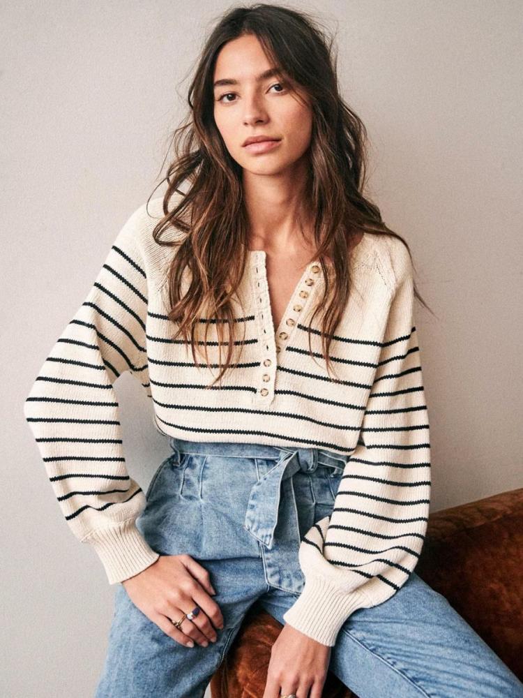 Tops |   Women Pullover Sweater Light Apricot Buttons Stripes Jewel Neck Long Sleeves Cotton Sweaters Clothing Tops