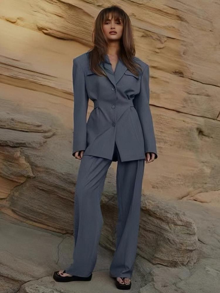 Two Piece Sets |   Business Office Suits Strong Shoulder Belted Wide Leg Workwear Clothing Two Piece Sets