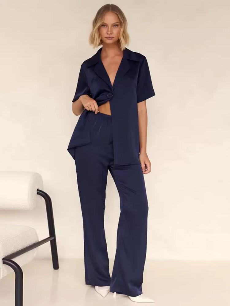 Two Piece Sets |   Casual Pant Set Short Sleeves V-Neck Flared Leg Summer 2 Pieces Set Clothing Two Piece Sets