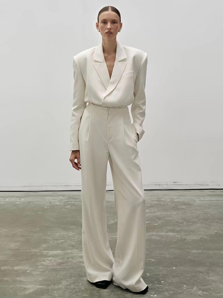 Two Piece Sets |   Casual White 2 Pieces Set Notched Lapel Blouse And Floor Moop Pants Clothing Two Piece Sets