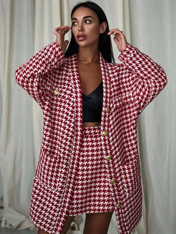 Two Piece Sets |   Chic Outfit Houndstooth Metal Detail Top And Mini Skirt Set Clothing Two Piece Sets