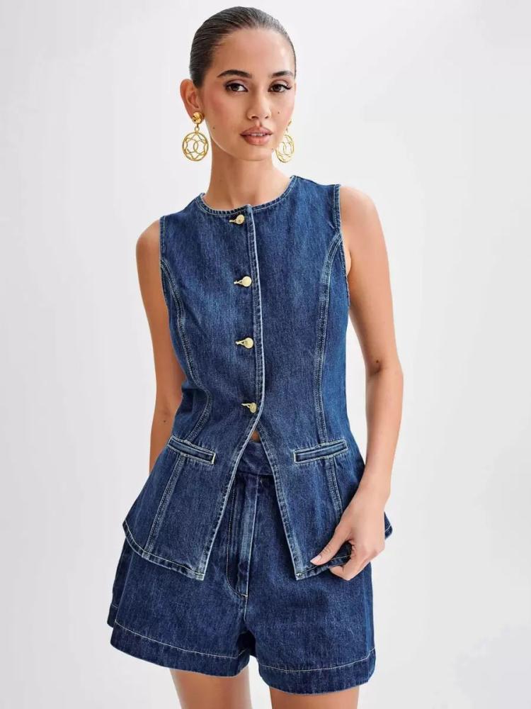 Two Piece Sets |   Denim Pant Set Round Neck Sleeveless Slit Summer Casual 2 Pieces Set Clothing Two Piece Sets