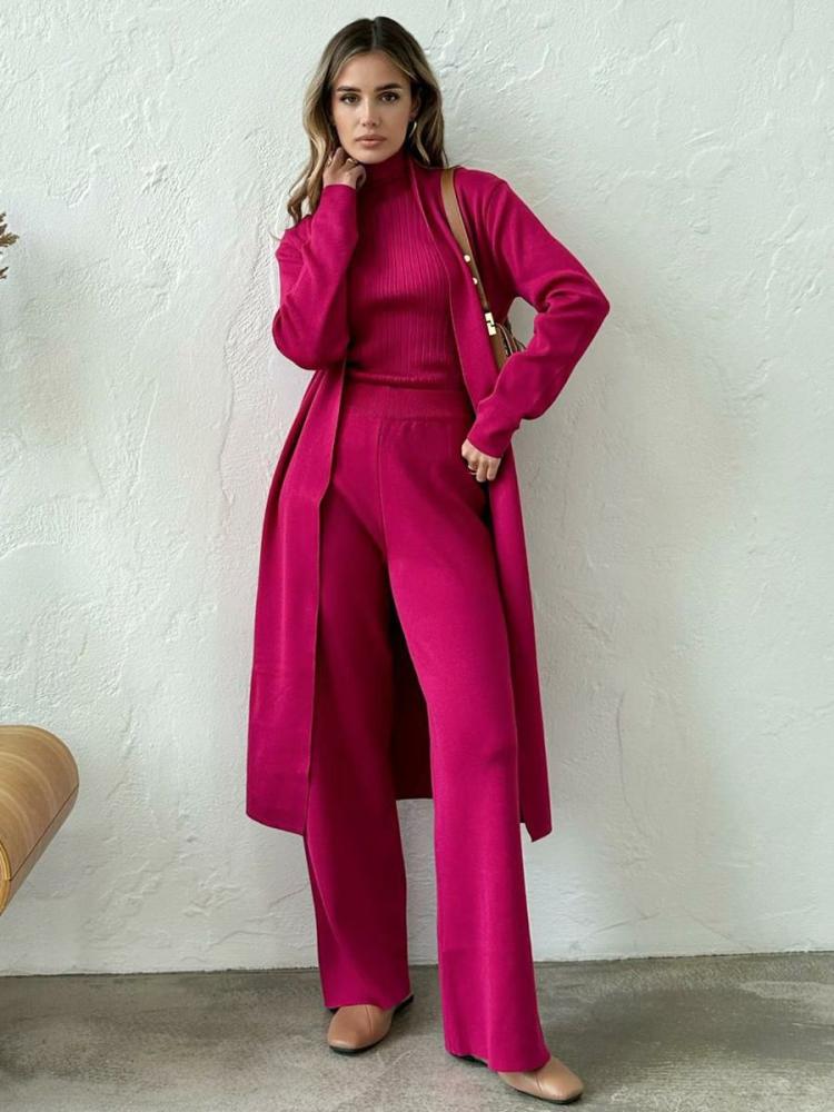 Two Piece Sets |   Longline Overcoat High Collar Top And Wide Leg Pants 3 Pieces Set Clothing Two Piece Sets