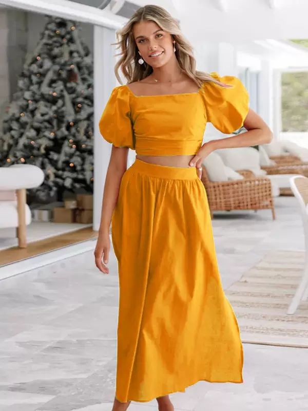 Two Piece Sets |   Orange Skirt Set Square Neck Pleated Back Casual Summer 2 Pieces Set Clothing Two Piece Sets