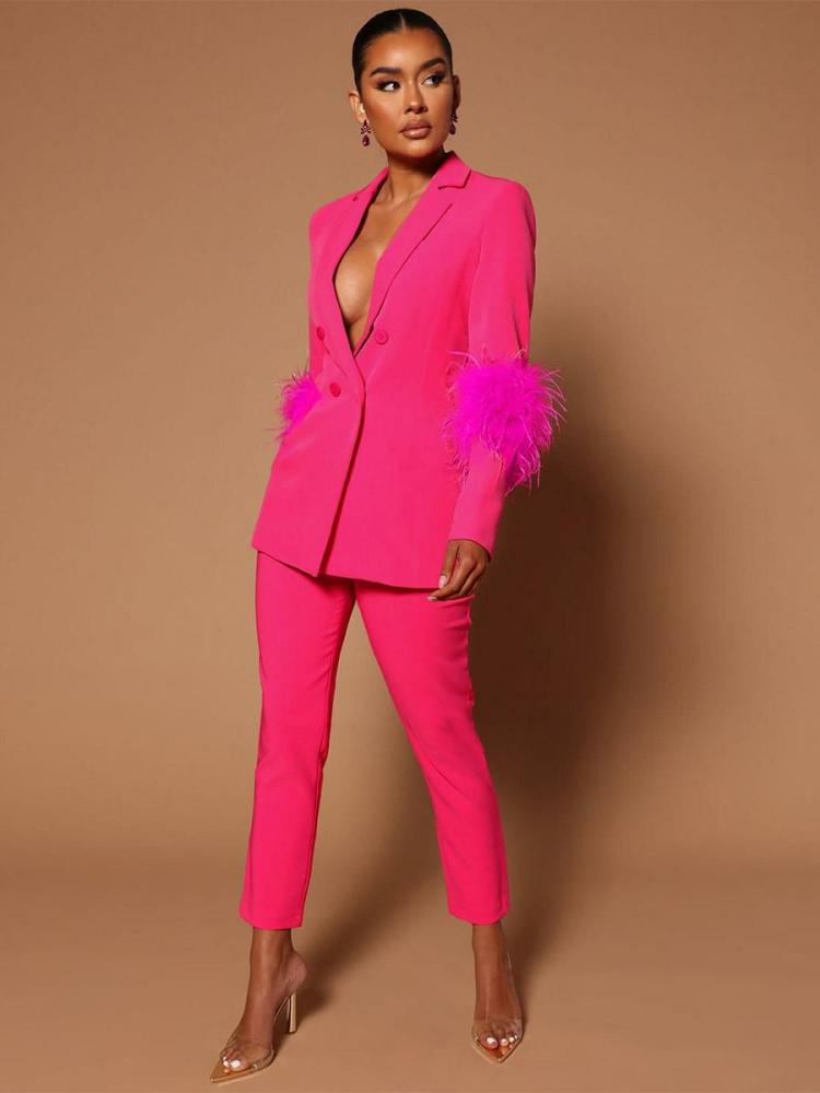 Two Piece Sets |   Pant Set Lapel Deep V-Neck Feathers Sexy Women Suits Clothing Two Piece Sets