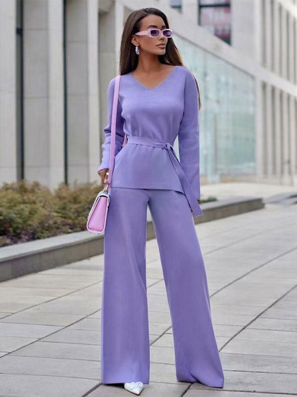 Two Piece Sets |   Pant Set Sash Solid Color Daily Casual Fall Spring Women Clothing Clothing Two Piece Sets