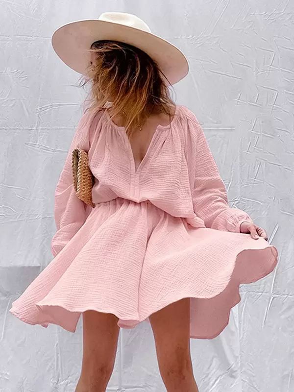 Two Piece Sets |   Pink Skirt Set Long Sleeves V-Neck Mini Skirt Casual 2 Pieces Set Clothing Two Piece Sets