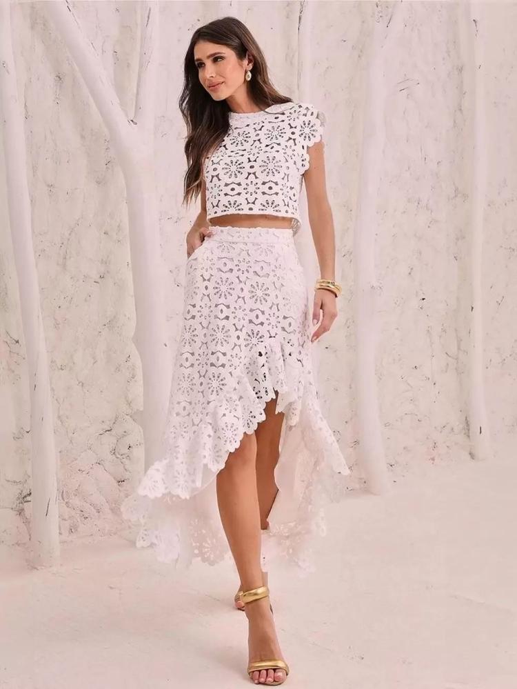 Two Piece Sets |   Plain Skirt Set Floral Cutout Ruffles Asymmetrical Summer Casual 2 Pieces Set Clothing Two Piece Sets