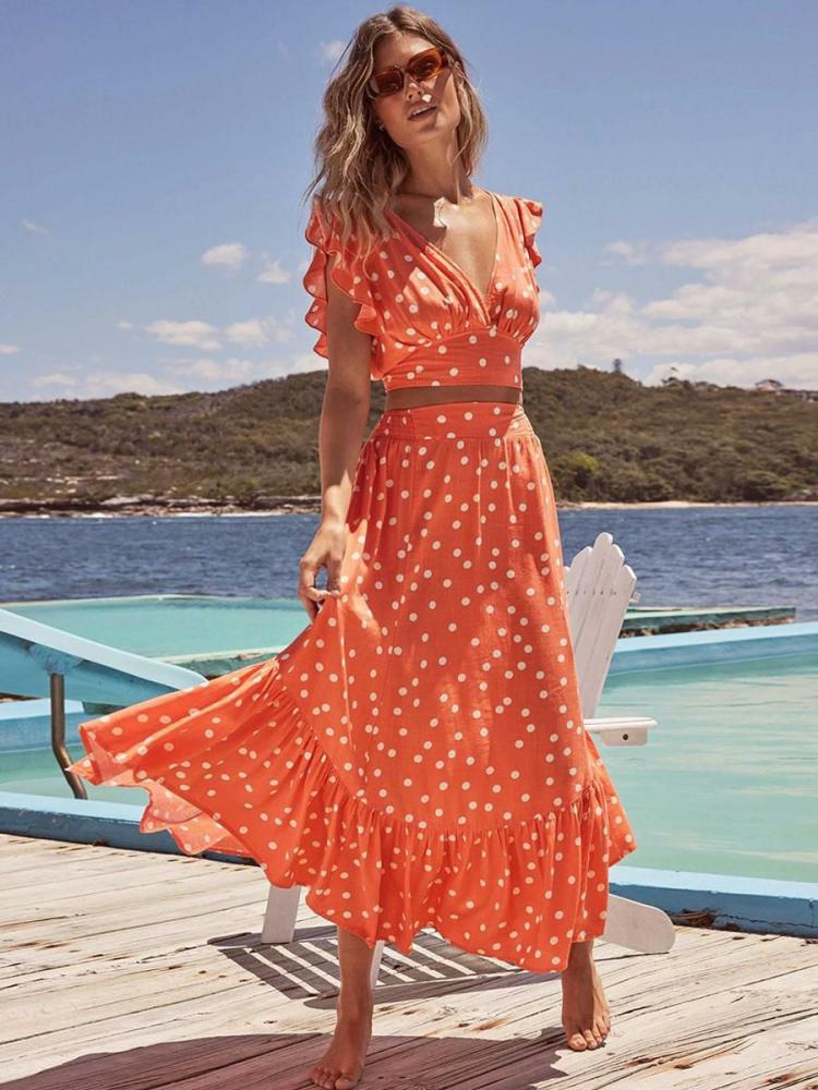 Two Piece Sets |   Polka Dot Sleeveless Bodice And Tiered Full Skirt Ruffles 2 Pieces Set Clothing Two Piece Sets