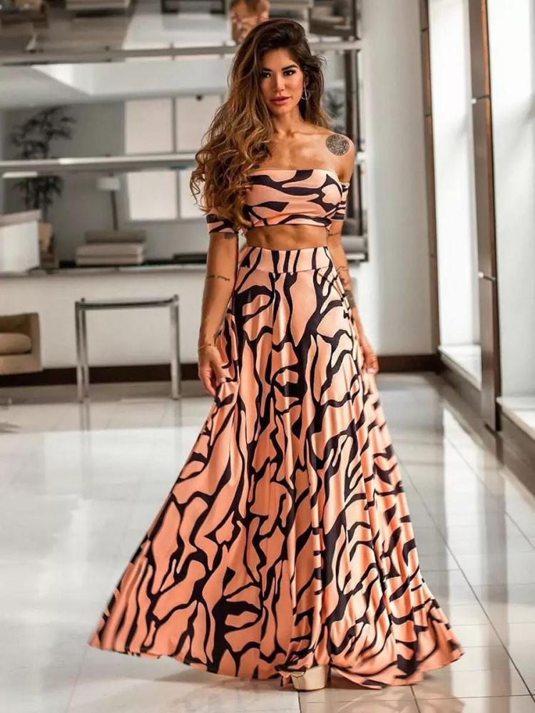 Two Piece Sets |   Printed Skirt Set Off The Shoulder Elastic Waist Maxi Skirt Casual 2 Pieces Set Clothing Two Piece Sets