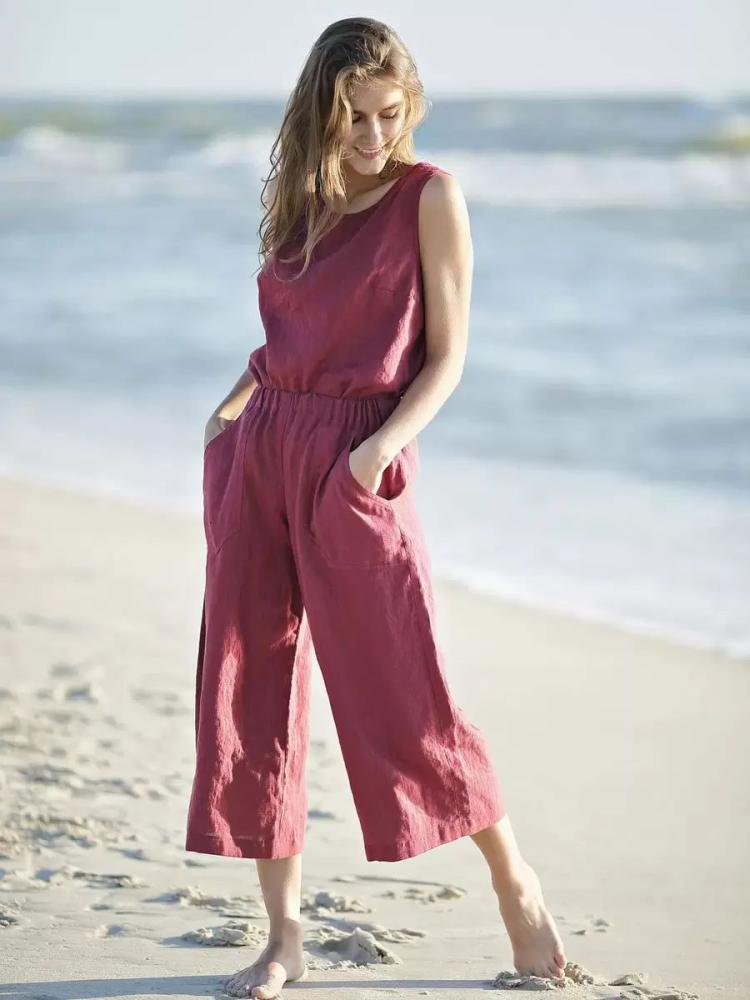 Two Piece Sets |   Red Linen Pant Set Sleeveless Elastic Waist Summer 2 Pieces Set Clothing Two Piece Sets