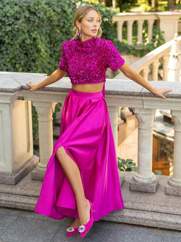 Two Piece Sets |   Sequins Short Sleeves Crop Top And High Waist Overskirt 2 Pieces Set Clothing Two Piece Sets