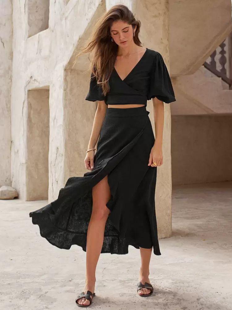 Two Piece Sets |   Skirt Set Black Resort Wear Cotton Ruffles Casual Clothing Two Piece Sets