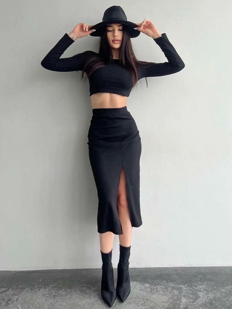 Two Piece Sets |   Skirt Set Crop Top And Split Front Full Skirt Sexy 2 Pieces Set Clothing Two Piece Sets