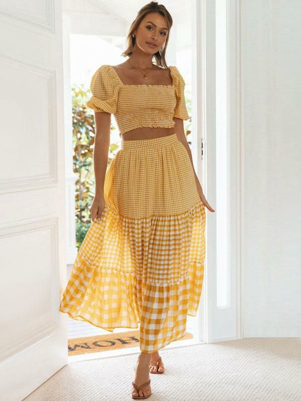 Two Piece Sets |   Skirt Set Yellow Elegant Plaid Resort Wear Two Piece Sets Clothing Two Piece Sets