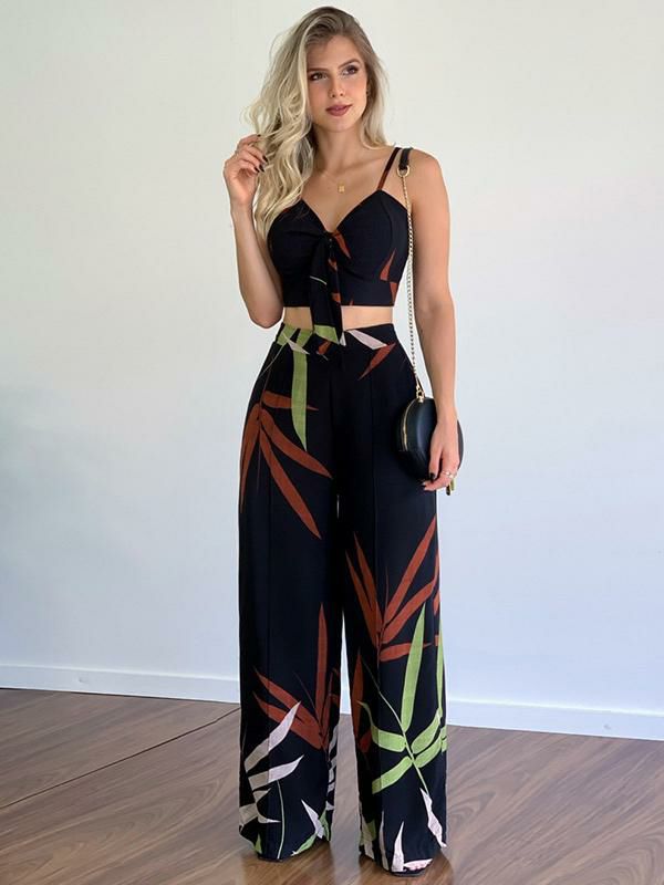 Two Piece Sets |   Spaghetti Straps Jumpsuit V-Neck Backless Casual Summer Romper Clothing Two Piece Sets