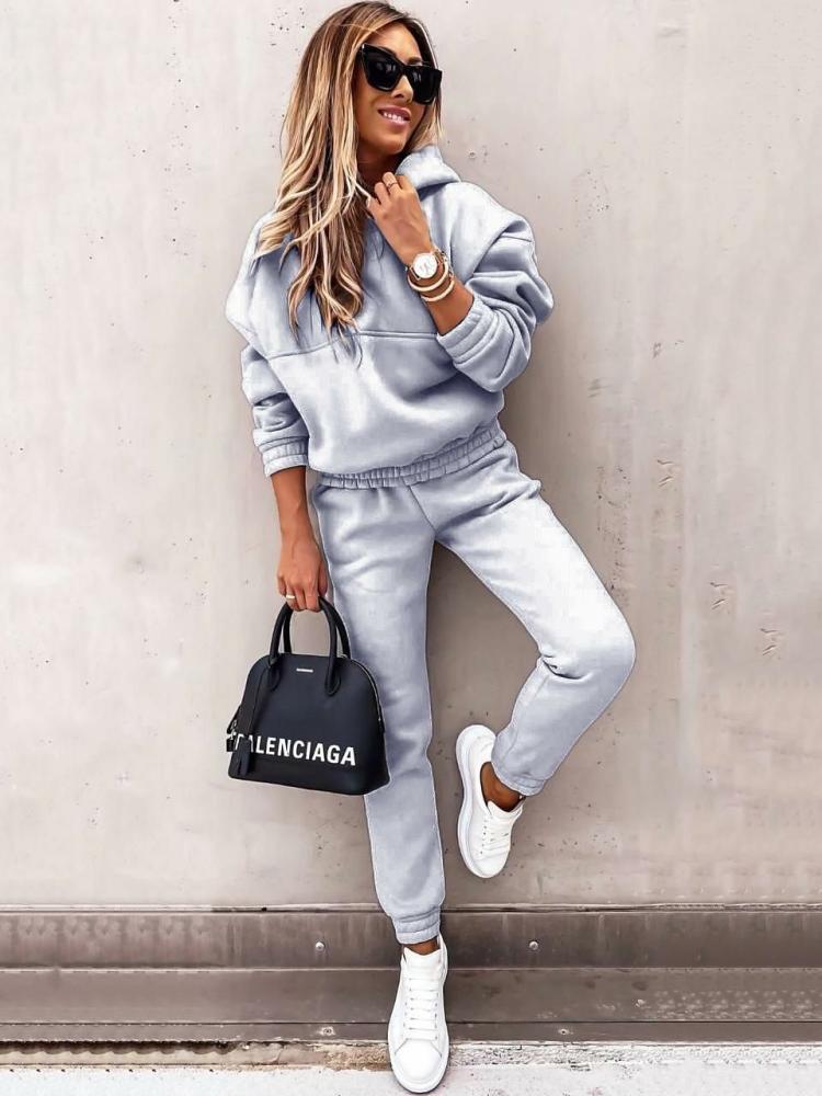 Two Piece Sets |   Two Piece Sets 1970S Vintage Tracksuit Light Grey Winter Long Sleeves Hooded Straight Pants Women Outfit Clothing Two Piece Sets