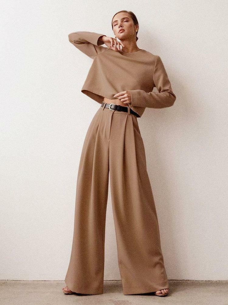 Two Piece Sets |   Two Piece Sets Coffee Brown Classic Pants Winter Long Sleeves Jewel Neck Outfit For Women Clothing Two Piece Sets