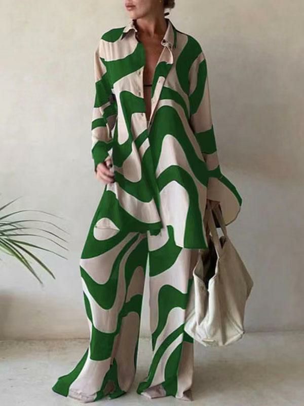 Two Piece Sets |   Two Piece Sets Green Casual Top Spring Long Sleeves Turndown Collar Outfit For Women Clothing Two Piece Sets