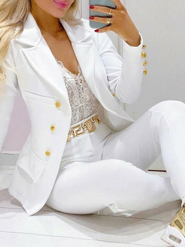 Two Piece Sets |   Two Piece Sets White V Neck Buttons Long Sleeves Blazer Coat Casual Pants Women Outfit Clothing Two Piece Sets