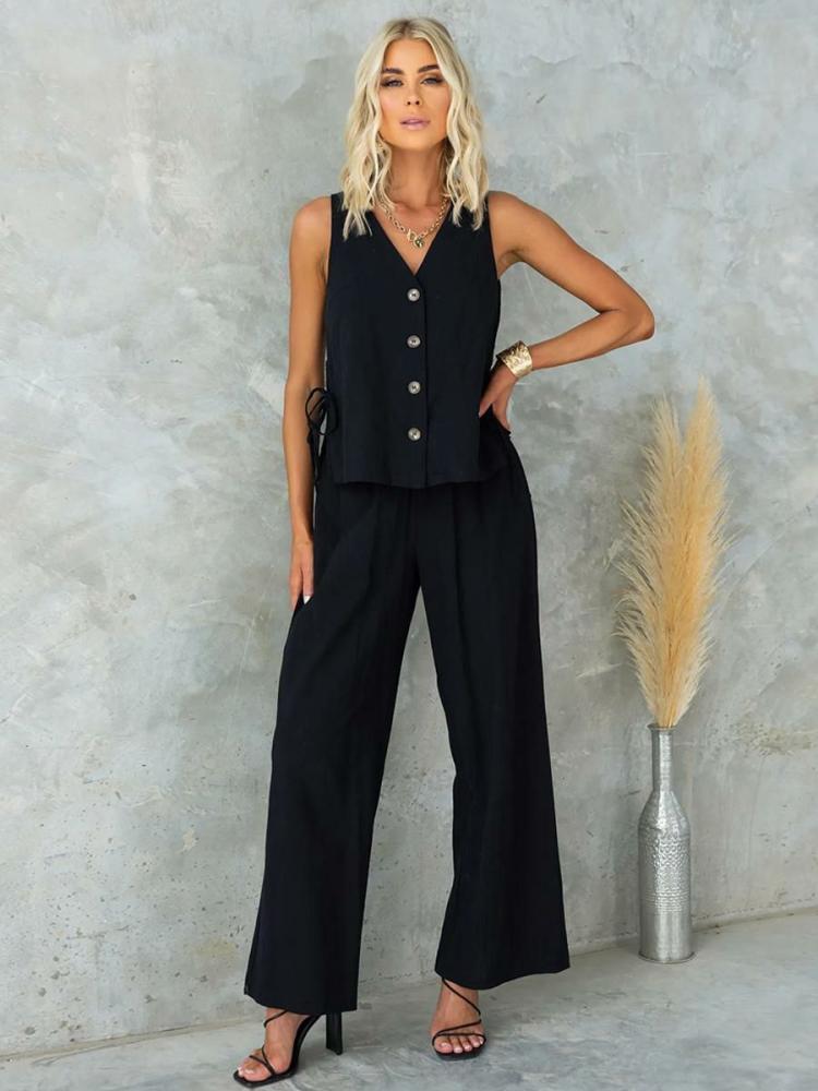 Two Piece Sets |   V-Neck Sleeveless Top And Wide Leg Buttons Black Business 2 Pieces Set Clothing Two Piece Sets