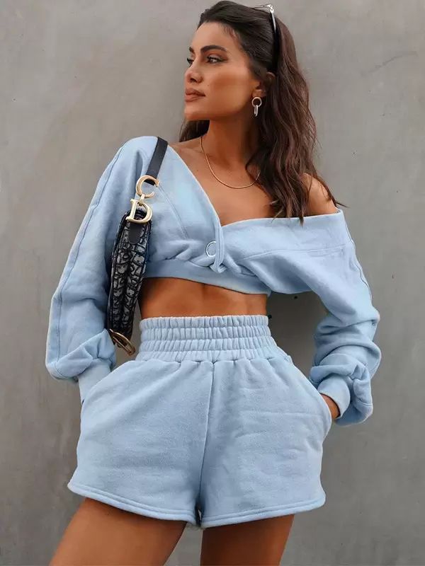 Two Piece Sets |   Wide V-Neck Crop Top With Long Sleeves And Elastic Waist Bottom 2 Pieces Set Clothing Two Piece Sets