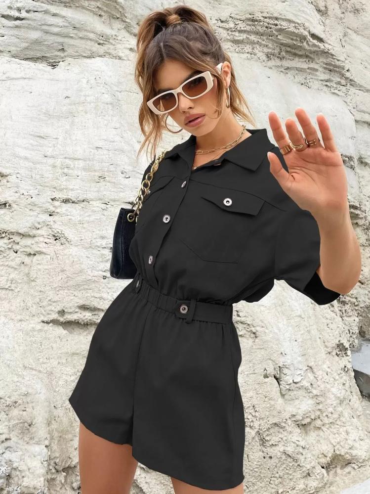 Jumpsuits |   Black Turndown Collar Short Sleeves Buttons Polyester Straight Summer Playsuit Clothing Jumpsuits