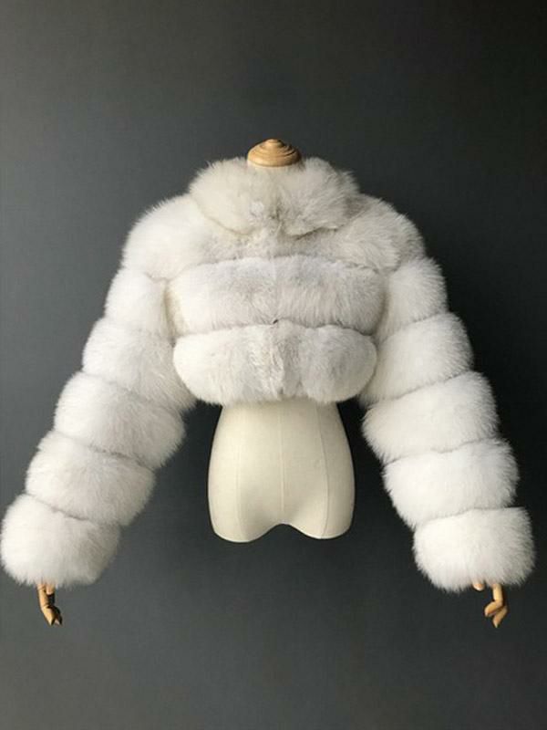 Outerwear |   Faux Fur Coats Collared Button Front Short Outerwear For Women Clothing Outerwear