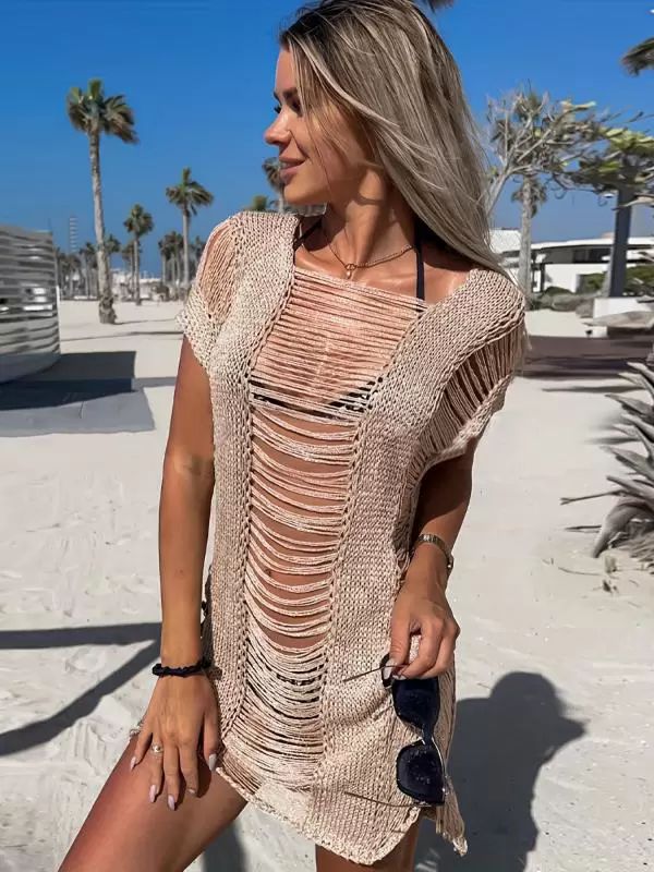 Swimsuits & Cover-Ups |   Women Cover Ups Khaki Cut Out Jewel Neck Short Sleeves Layered Acrylic Summer Beach Swimwear Clothing Swimsuits & Cover-Ups