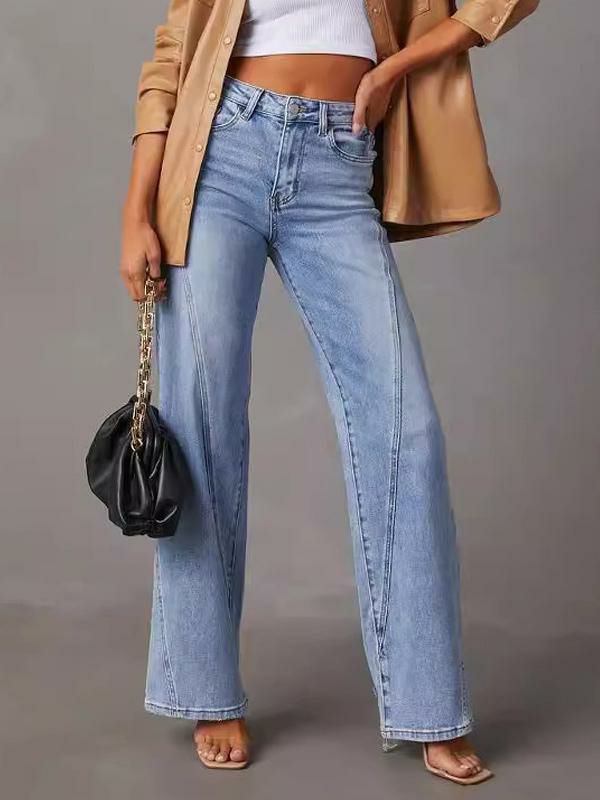 Bottoms |   Wide Leg Jeans High Waist Patchwork Buttons Casual Trousers Bottoms Bottoms