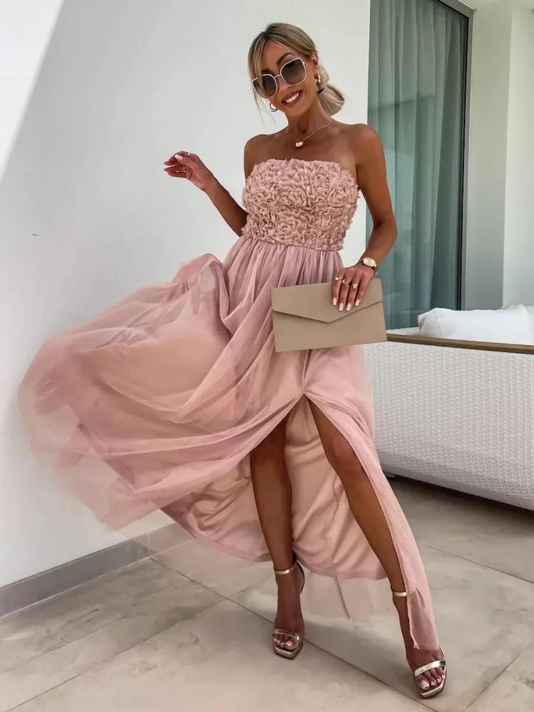 Dresses |   A-Line Dress Ruffles Tulle High Slit Off The Shoulder Backless Party Maxi Dresses Clothing Dresses