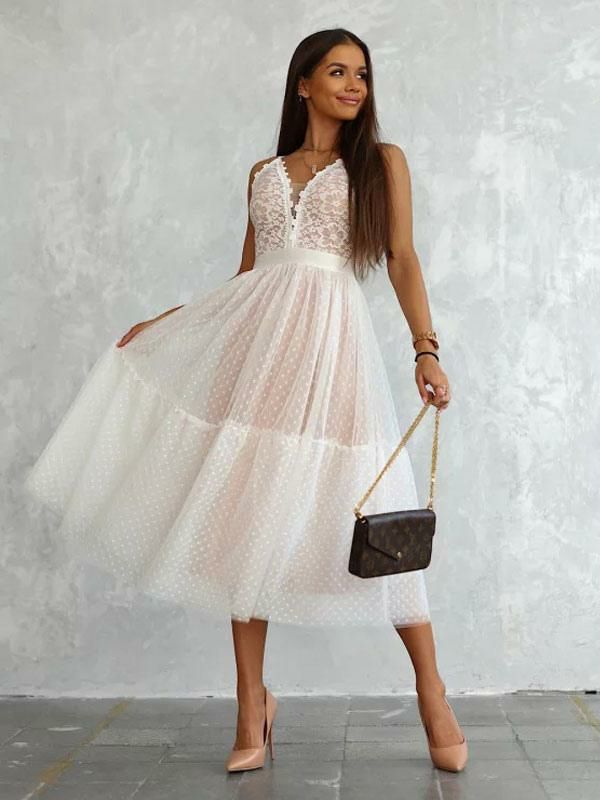 Dresses |   Birthday Lace V-Neck Sleeveless Midi Dresses Clothing Dresses