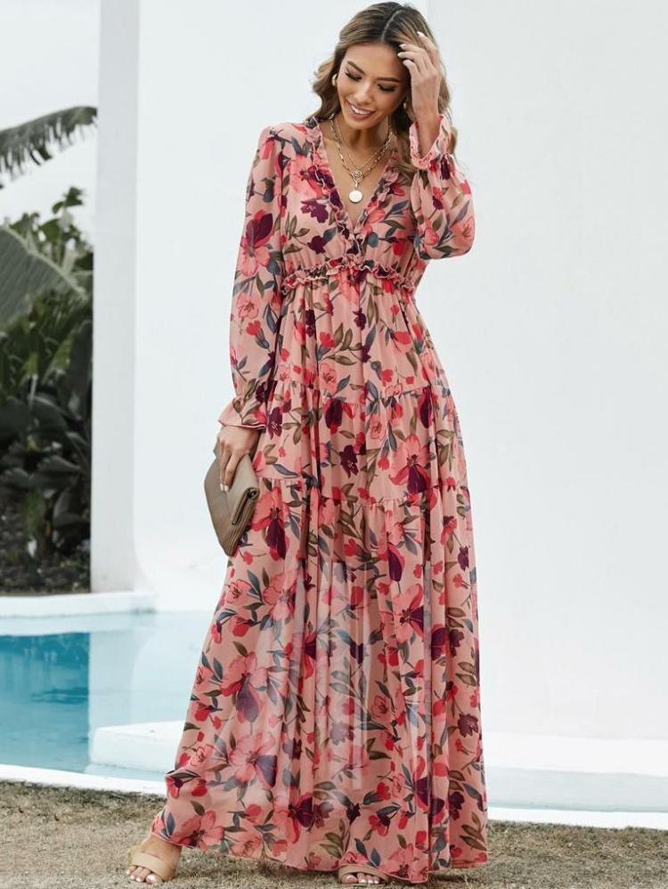 Dresses |   Floral Print Dress V-Neck Tiered Ruffles Trim Long Sleeves Boho Maxi Dresses Clothing Dresses