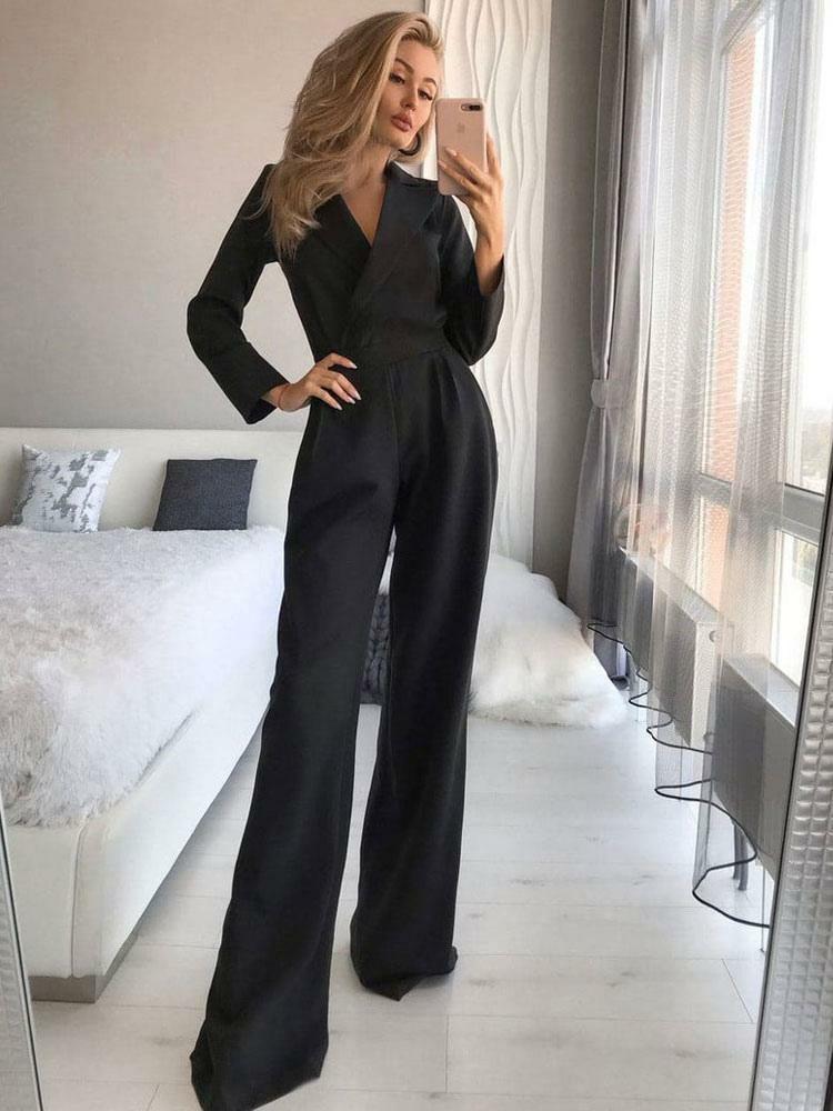 Jumpsuits |   Black V-Neck Long Sleeves Jumpsuits For Women Clothing Jumpsuits