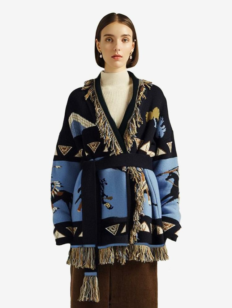 Outerwear |   Printed Cardigans Tassel Trim Belted Wool Blend Bohe Inspired Sweater Clothing Outerwear