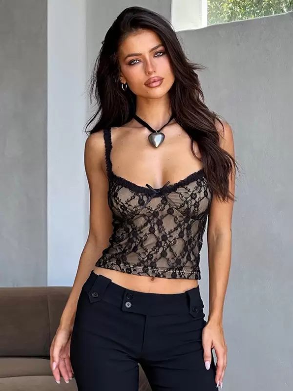 Tops |   Black Cami Top Strap Sleeves Lace Butterfly Bow Sexy Summer Tops Clothing Tops