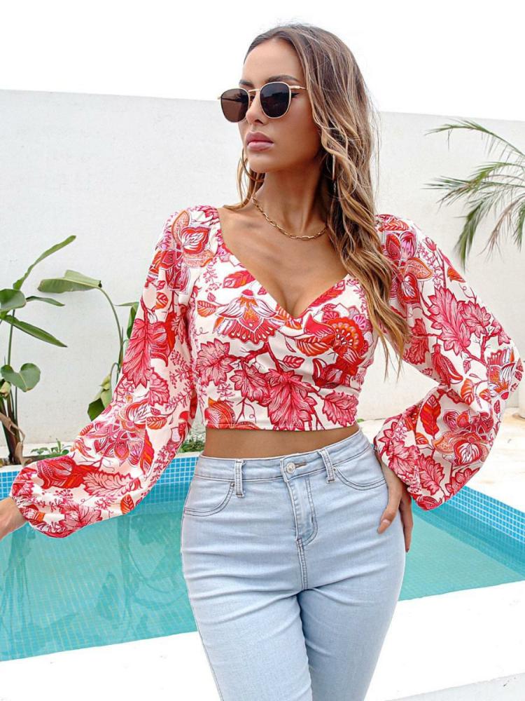 Tops |   Shirt For Women Red Floral Print V-Neck Sexy Long Sleeves Tops Clothing Tops