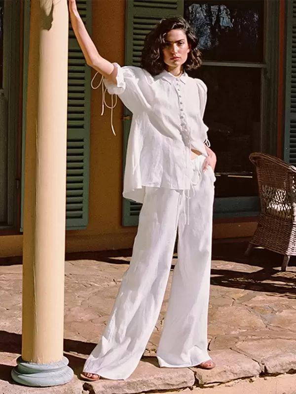 Two Piece Sets |   Pant Set White Chic Street Wear Ruffles Cotton Linen Clothing Two Piece Sets