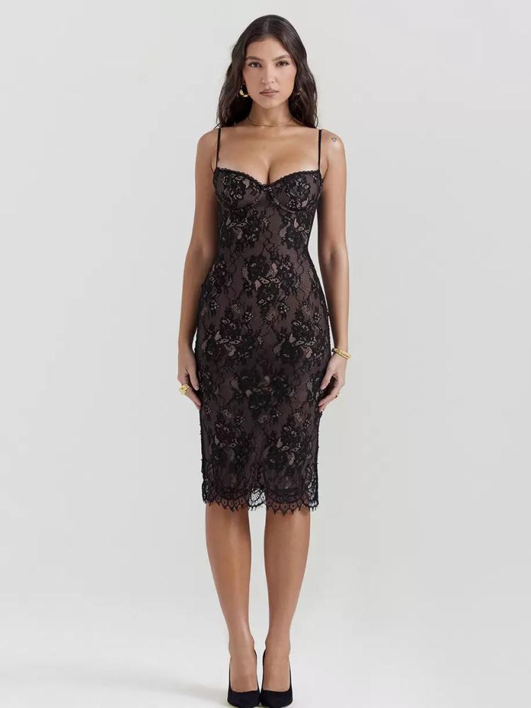 Dresses |   Bodycon Dress Lace Overlay Spaghetti Straps Backless Sexy Midi Dresses Clothing Dresses