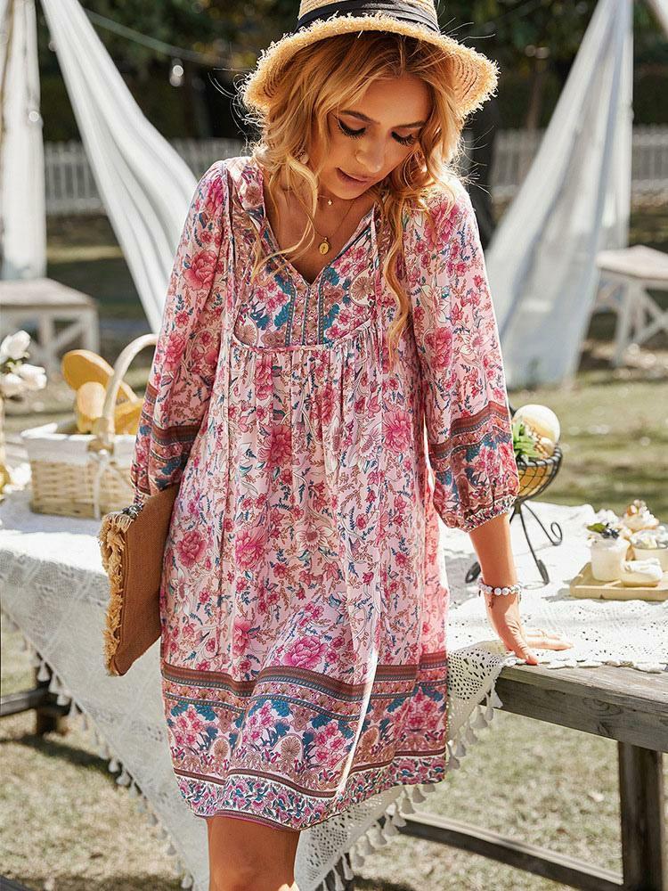 Dresses |   Boho Dress V-Neck Long Sleeves Printed Summer Dress Clothing Dresses