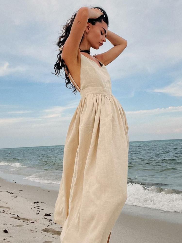 Dresses |   Boho Dress V-Neck Sleeveless Backless Casual Summer Beach Dresses Clothing Dresses