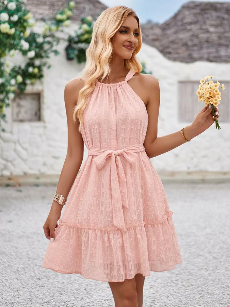 Dresses |   Halter Short Dress Belted Knotted Tiered Summer Daily Casual Dresses Clothing Dresses