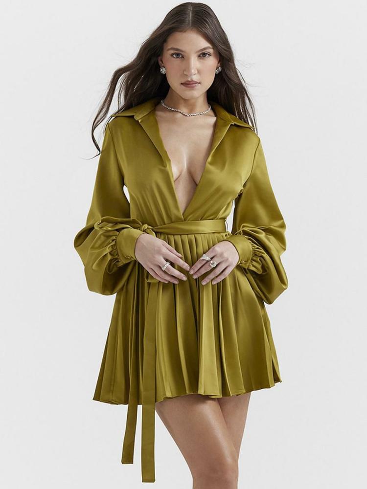 Dresses |   Shirt Dresses Olive V-Neck Pleated Long Sleeves Satin Fabric Mini Dresses Dresses Clothing Dresses