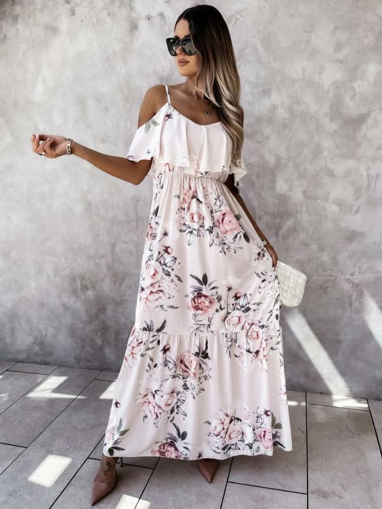 Dresses |   Maxi Dresses Short Sleeves Light Pink Floral Printed Straps Neck Pleated Stretch Long Dress Clothing Dresses