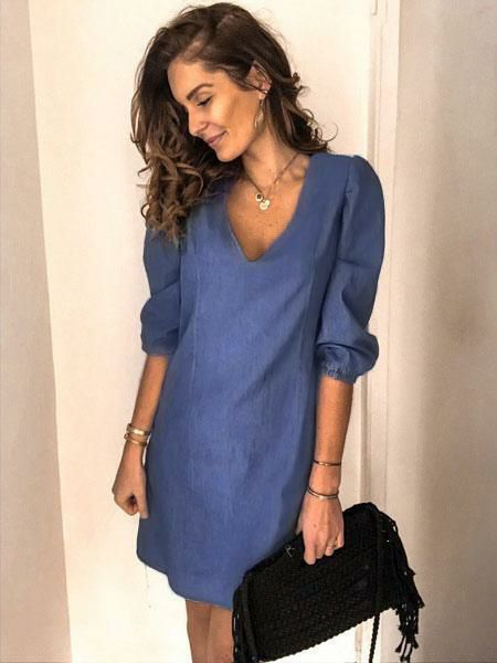 Dresses |   Midi Dress V-Neck Half Sleeves Simple Light Sky Blue Summer Dress Clothing Dresses