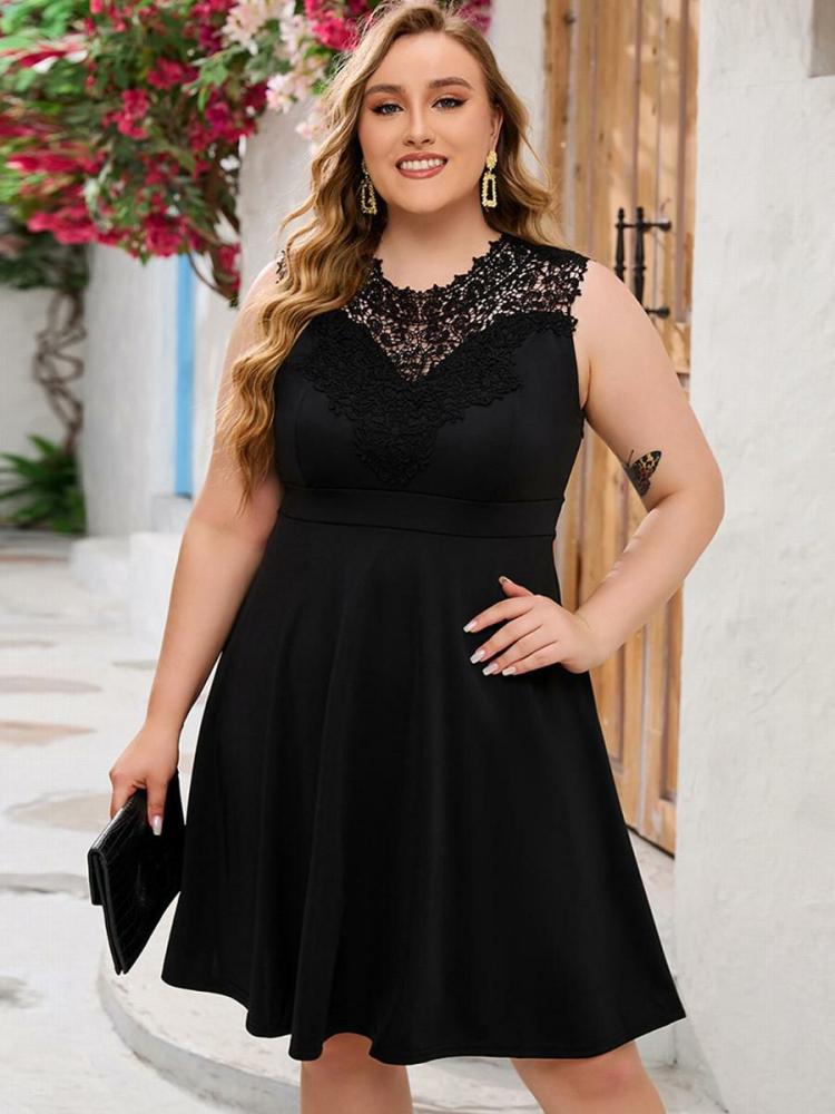 Dresses |   Plus Size Dress Lace Neckline Sleeveless Casual Short Dresses Clothing Dresses